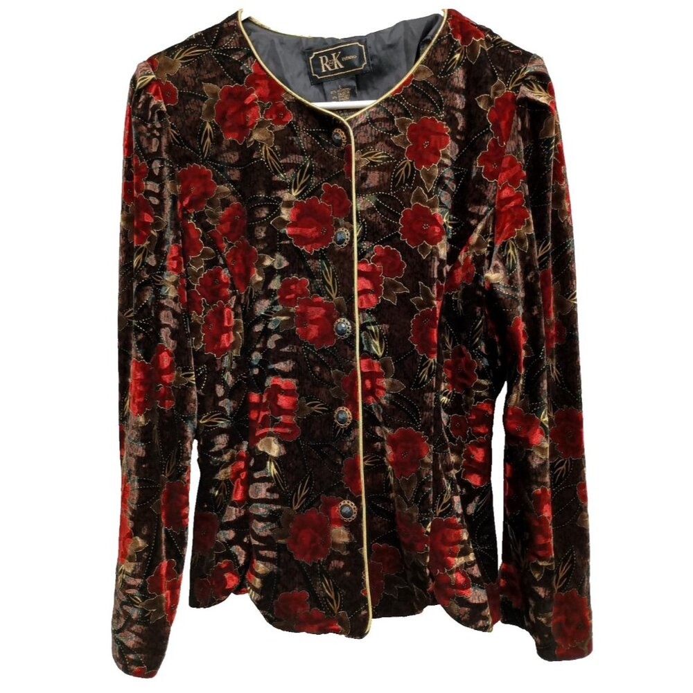 R&K Evening‎ Womens Jacket Size Large Red Black Floral Velvet Holiday Whimsygoth